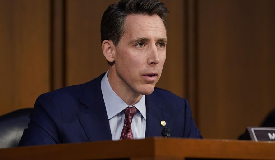 In this file photo, Sen. Josh Hawley, R-Mo., speaks during a Senate Judiciary Committee hearing held Monday, March 21, 2022, on Capitol Hill in Washington. (AP Photo/Jacquelyn Martin)  **FILE**