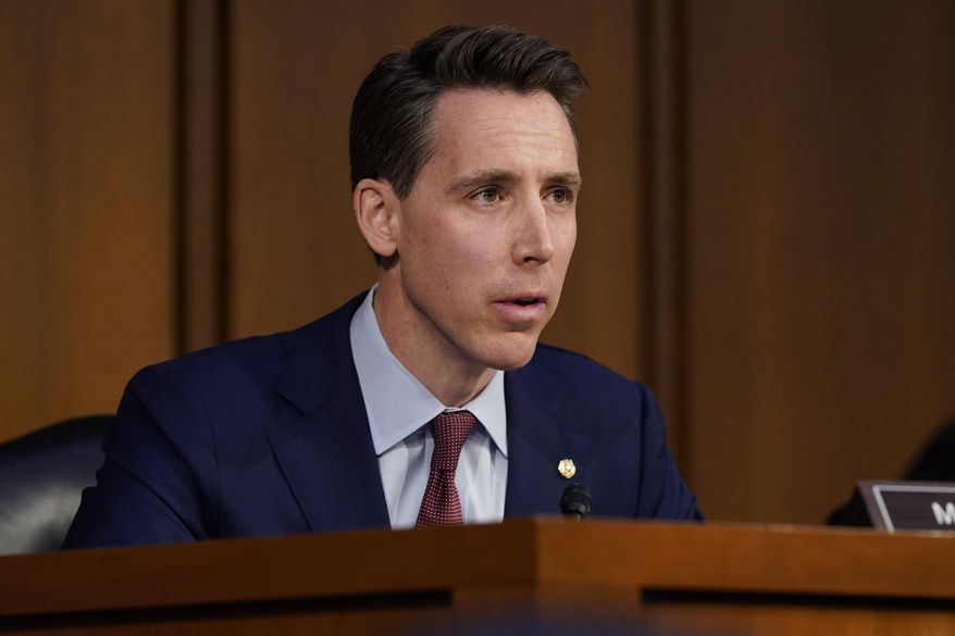 In this file photo, Sen. Josh Hawley, R-Mo., speaks during a Senate Judiciary Committee hearing held Monday, March 21, 2022, on Capitol Hill in Washington. (AP Photo/Jacquelyn Martin)  **FILE**