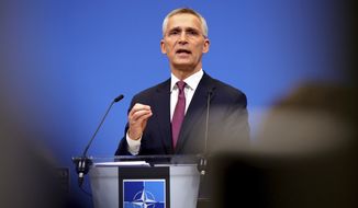 NATO Secretary General Jens Stoltenberg speaks during a media conference ahead of a NATO summit at NATO headquarters in Brussels, Wednesday, March 23, 2022. Western leaders are arriving in Brussels for Thursday&#x27;s summits taking place at NATO and EU headquarters where they will seek to highlight their sense of unity in the face of the Russian invasion in Ukraine. (AP Photo/Olivier Matthys)