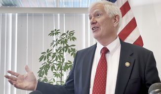 Rep. Mo Brooks, R-Ala., speaks with reporters hours after former President Donald Trump rescinded his endorsement of Brooks in Alabama&#39;s Republican primary for Senate, dealing a major blow to the congressman&#39;s campaign, Wednesday, March 23, 2022 in Hueytown, Ala. (AP Photo/Kimberly Chandler)