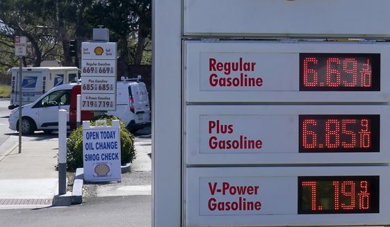 The gasoline price board is shown at a gas station in Menlo Park, Calif., on March 21, 2022. (AP Photo/Jeff Chiu, File)