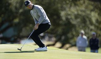 Jordan Spieth reacts to his putt on the sixth green in the first round of the Dell Technologies Match Play Championship golf tournament, Wednesday, March 23, 2022, in Austin, Texas. (AP Photo/Tony Gutierrez)