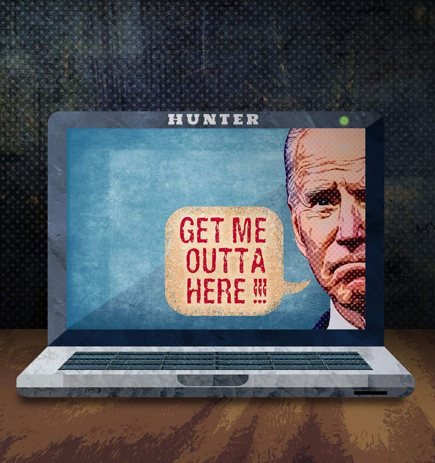 Joe and Hunter Biden and the laptop Illustration by Greg Groesch/The Washington Times