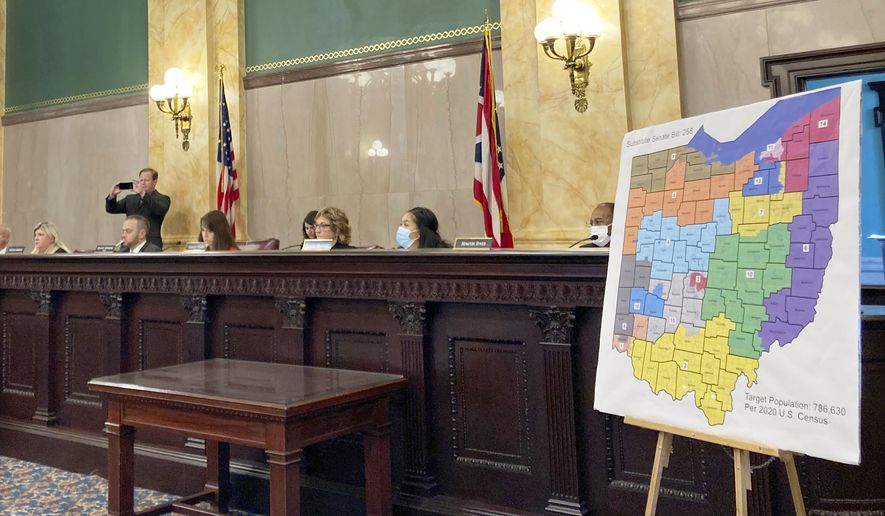 FILE - Members of the Ohio Senate Government Oversight Committee hear testimony on a new map of state congressional districts in this file photo from Nov. 16, 2021, at the Ohio Statehouse in Columbus, Ohio. Ohio&#39;s scheduled primary election is just six weeks away, but candidates still don&#39;t know whether the voting contest will happen then. A series of court rulings invalidating Republican-drawn redistricting maps has threatened to delay the state&#39;s May 3 primary by a month or more. (AP Photo/Julie Carr Smyth, File)