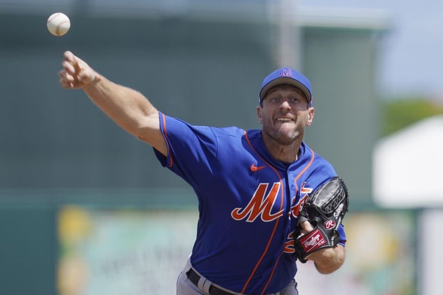 New York Mets&#39; Max Scherzer pitches in the second inning of a spring training baseball game against the Miami Marlins, Monday, March 21, 2022, in Jupiter, Fl. (AP Photo/Sue Ogrocki) **FILE**