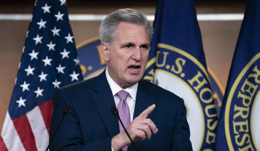 House Minority Leader Kevin McCarthy, R-Calif., speaks to reporters at the Capitol in Washington, March 18, 2022. (AP Photo/J. Scott Applewhite, File)