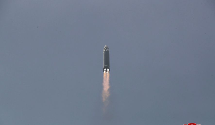 This photo distributed by the North Korean government shows what it says a test-fire of a Hwasong-17 intercontinental ballistic missile (ICBM), at an undisclosed location in North Korea on March 24, 2022. Independent journalists were not given access to cover the event depicted in this image distributed by the North Korean government. The content of this image is as provided and cannot be independently verified. Korean language watermark on image as provided by source reads: &quot;KCNA&quot; which is the abbreviation for Korean Central News Agency. (Korean Central News Agency/Korea News Service via AP)