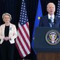 President Joe Biden and European Commission President Ursula von der Leyen talk to the press about the Russian invasion of Ukraine, at the U.S. Mission in Brussels, Friday, March 25, 2022, in Brussels. (AP Photo/Evan Vucci)