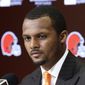 Cleveland Browns new quarterback Deshaun Watson listens to a question during a news conference at the NFL football team&#39;s training facility, Friday, March 25, 2022, in Berea, Ohio. (AP Photo/Ron Schwane)