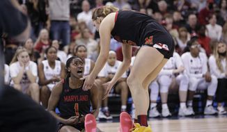 Maryland guard Diamond Miller (1) reacts as she is helped up by forward Chloe Bibby, right, during the second half of a college basketball game against Stanford in the Sweet 16 round of the NCAA tournament, Friday, March 25, 2022, in Spokane, Wash. (AP Photo/Young Kwak) **FILE**