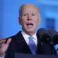 President Joe Biden delivers a speech about the Russian invasion of Ukraine, at the Royal Castle, Saturday, March 26, 2022, in Warsaw. (AP Photo/Evan Vucci)