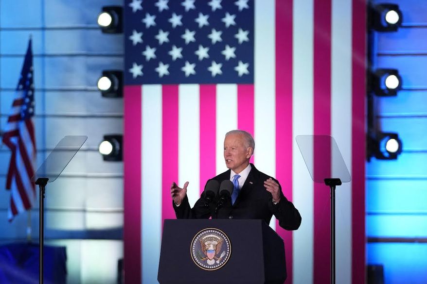 U.S. President Joe Biden delivers a speech at the Royal Castle in Warsaw, Poland, Saturday, March 26, 2022. Biden is in Poland for the final leg of his four-day trip to Europe as he tries to maintain unity among allies and support Ukraine&#39;s defence. (AP Photo/Petr David Josek)