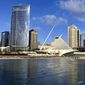 FILE - Milwaukee&#39;s skyline along Lake Michigan is seen in this Feb. 8, 2019. Republicans are deciding whether to nominate their 2024 presidential candidate in Milwaukee, the largest Democratic stronghold in battleground Wisconsin, or in Nashville, a blue city in a deep red state. . (AP Photo/Carrie Antlfinger File)
