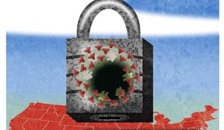 Illustration on the effects of COVID-19 lockdowns by Alexander Hunter/The Washington Times