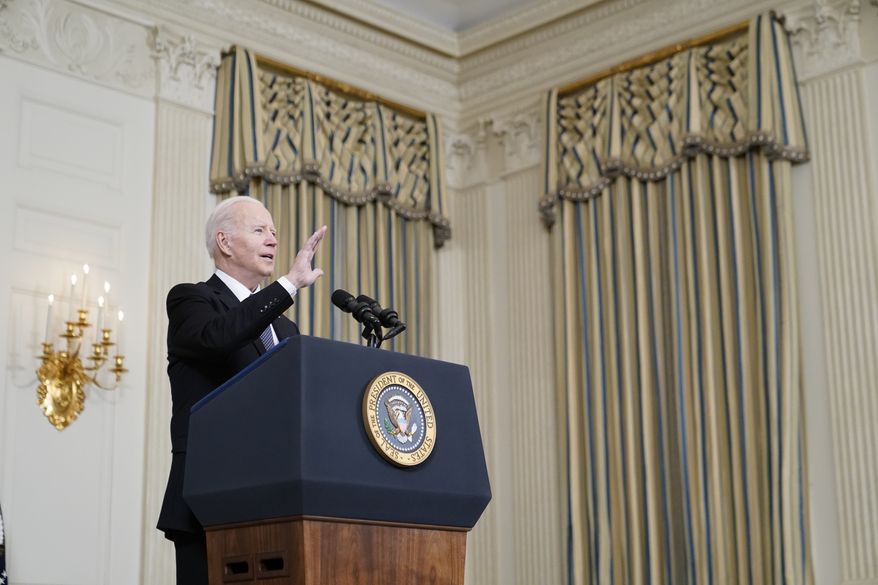 President Joe Biden speaks about Russian President Vladimir Putin and Russia&#39;s invasion of Ukraine after unveiling his proposed budget for fiscal year 2023 in the State Dining Room of the White House, Monday, March 28, 2022, in Washington. (AP Photo/Patrick Semansky)