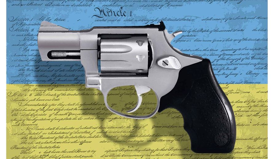 Illustration on Ukraine and the Second Amendment by Alexander Hunter/The Washington Times