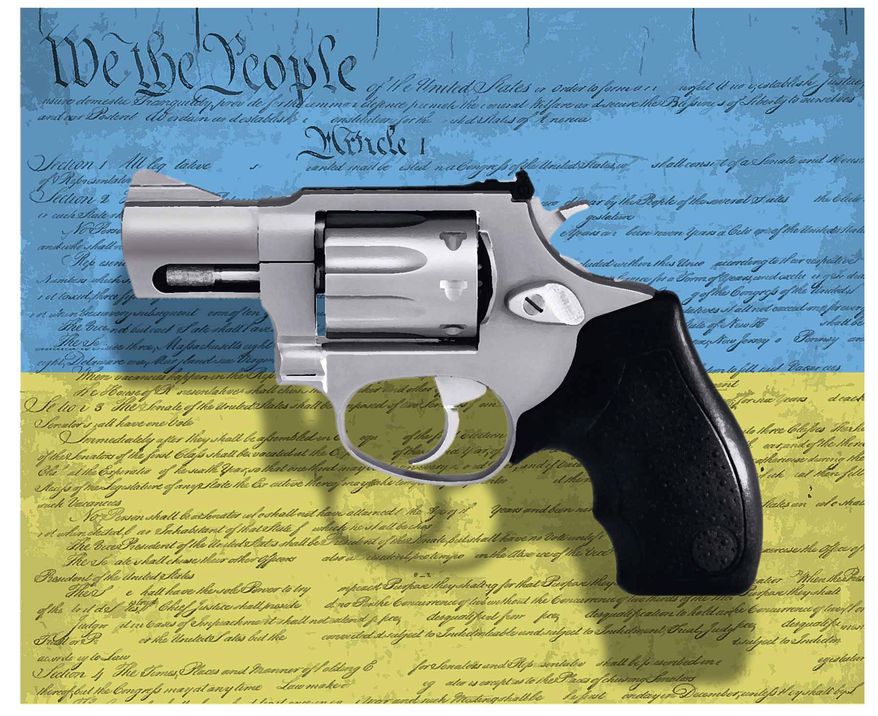 Illustration on Ukraine and the Second Amendment by Alexander Hunter/The Washington Times