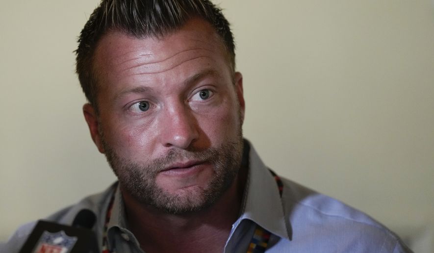 Los Angeles Rams head coach Sean McVay speaks with reporters during a coaches press availability at the NFL owner&#x27;s meeting, Tuesday, March 29, 2022, at The Breakers resort in Palm Beach, Fla. (AP Photo/Rebecca Blackwell) ** FILE**