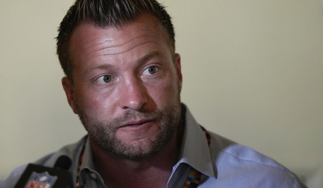 Los Angeles Rams head coach Sean McVay speaks with reporters during a coaches press availability at the NFL owner&#x27;s meeting, Tuesday, March 29, 2022, at The Breakers resort in Palm Beach, Fla. (AP Photo/Rebecca Blackwell) ** FILE**