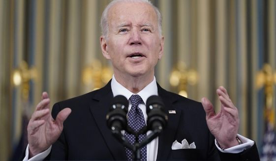 President Joe Biden speaks about his proposed budget for fiscal year 2023 in the State Dining Room of the White House, Monday, March 28, 2022, in Washington. (AP Photo/Patrick Semansky)