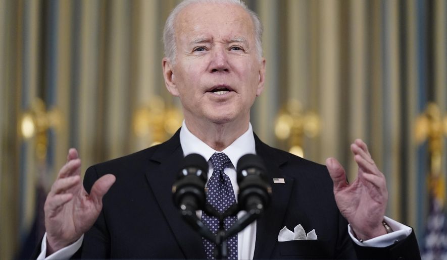 President Joe Biden speaks about his proposed budget for fiscal year 2023 in the State Dining Room of the White House, Monday, March 28, 2022, in Washington. (AP Photo/Patrick Semansky)
