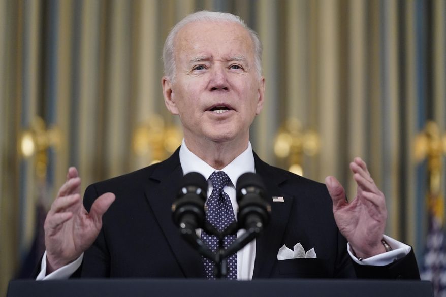 President Joe Biden speaks about his proposed budget for fiscal year 2023 in the State Dining Room of the White House, Monday, March 28, 2022, in Washington. (AP Photo/Patrick Semansky)