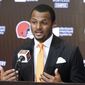 Cleveland Browns new quarterback Deshaun Watson speaks during a news conference at the NFL football team&#39;s training facility, Friday, March 25, 2022, in Berea, Ohio. (AP Photo/Ron Schwane)