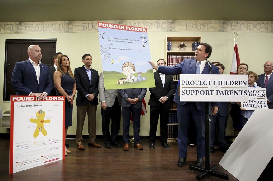Florida Gov. Ron DeSantis shows an image from the children's book "Call Me Max" by transgender author Kyle Lukoff moments before signing the Parental Rights in Education bill during a news conference on Monday, March 28, 2022, at Classical Preparatory school in Shady Hills. At left is an image of The Genderbread Person, a teaching tool used for breaking the concept of gender. (Douglas R. Clifford/Tampa Bay Times via AP)