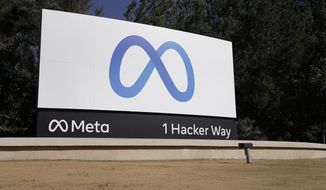 Facebook&#39;s Meta logo sign is seen at the company headquarters in Menlo Park, Calif., on, Oct. 28, 2021. Meta, Facebook’s parent company, hired a Republican consulting firm called Targeted Victory to “orchestrate a nationwide campaign” against TikTok, The Washington Post reported on Wednesday, March 30, 2022. (AP Photo/Tony Avelar, File)