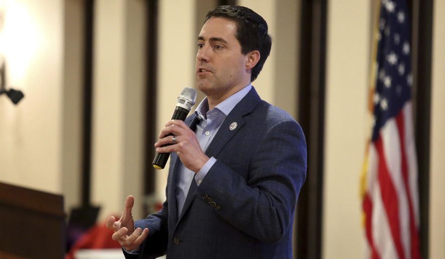 In this file photo from March 24, 2022, Ohio Secretary of State Frank LaRose speaks at the Fairfield County Lincoln Republican Club banquet in Pickerington, Ohio. A panel of federal judges on Wednesday said they are frustrated with the reticence of LaRose, his elections director and their lawyers to declare a position on a timeline that would allow for delaying the May 3 primary election in an hours long hearing on the matter and issues surrounding it. (AP Photo/Paul Vernon, File)