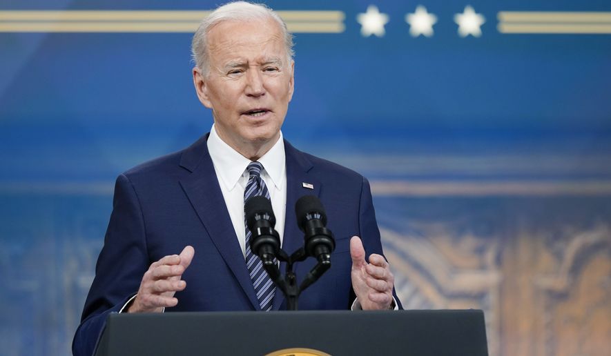 President Joe Biden speaks about his administration&#x27;s plans to combat rising gas prices in the South Court Auditorium on the White House campus, Thursday, March 31, 2022, in Washington. (AP Photo/Patrick Semansky)