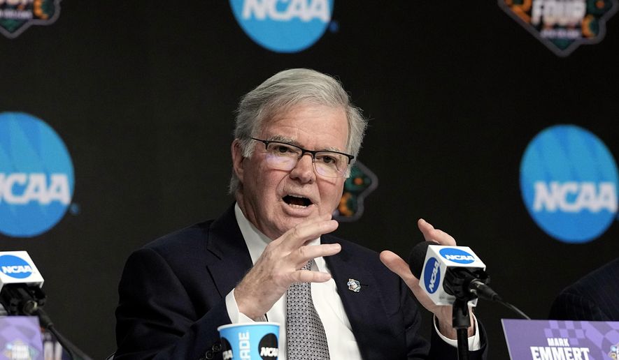 NCAA president Mark Emmert answers a question during a news conference at the men&#x27;s Final Four NCAA college basketball tournament Thursday, March 31, 2022, in New Orleans. (AP Photo/David J. Phillip) **FILE**