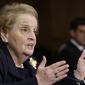 Former Secretary of State Madeleine Albright testifies on Capitol Hill in Washington, on Oct. 22, 2009 before the Senate Foreign Relations Committee hearing on NATO. Albright has died of cancer, her family said Wednesday, March 23, 2022. (AP Photo/Haraz N. Ghanbari, File)
