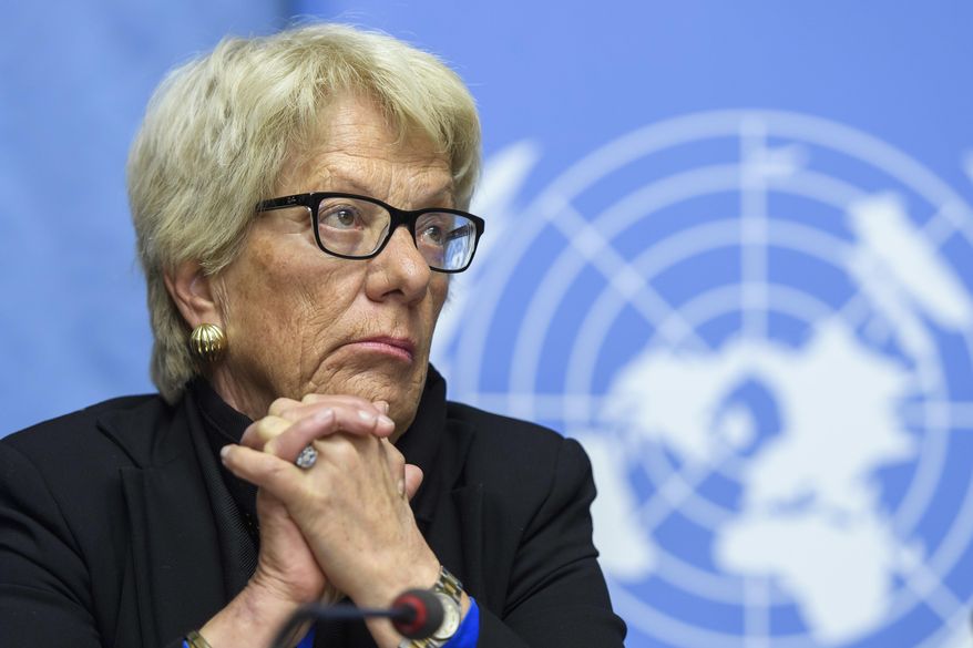 Carla del Ponte, then Member of the Independent Commission of Inquiry on the Syrian Arab Republic, attends a press conference, at the European headquarters of the United Nations in Geneva, Switzerland, Wednesday, March 1, 2017. The former chief prosecutor of the International Criminal Court has called for an international arrest warrant to be issued for Russian President Vladimir Putin. “Putin is a war criminal,” Carla Del Ponte told Swiss newspaper Le Temps in an interview published Saturday, April 2, 2022. (Martial Trezzini/Keystone via AP, File)