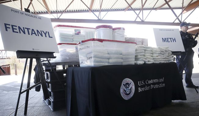 A display of the fentanyl and meth that was seized by Customs and Border Protection officers is shown during a press conference on Thursday, Jan. 31, 2019, in Nogales, Ariz. A Mexican national was sentenced Friday to nine years in federal prison for trafficking the largest amounts of methamphetamine and fentanyl seized by U.S. authorities in 2021 and 2022. (Mamta Popat/Arizona Daily Star via AP, File)
