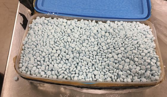 This August 2017 photo provided by the U.S. Drug Enforcement Administration&#39;s Phoenix Division shows one of four containers holding some of the 30,000 fentanyl pills the agency seized in one of its bigger busts in Tempe, Ariz. As the number of U.S. overdose deaths continues to soar, states are trying to take steps to combat a flood of the drug that has proved the most lethal — illicitly produced fentanyl. (Drug Enforcement Administration via AP) **FILE**