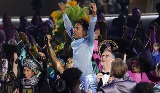Jon Batiste appears in the audience as he performs &amp;quot;Freedom&amp;quot; at the 64th Annual Grammy Awards on Sunday, April 3, 2022, in Las Vegas. (AP Photo/Chris Pizzello)