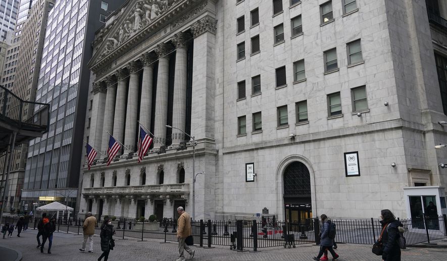 The New York Stock Exchange is seen in New York, Feb. 24, 2022. Major U.S. stock indexes are off to a mixed start on Wall Street Monday, April 4, 2022 while Twitter soared 22% after the company disclosed that Tesla CEO Elon Musk had taken a 9.2% stake in the social media platform. (AP Photo/Seth Wenig, file)