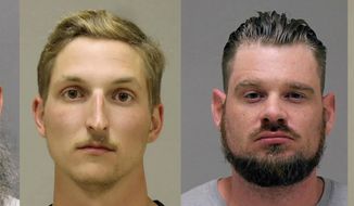 FILE - This combo shows booking photos of, from left, Barry Croft, Daniel Harris, Adam Fox and Brandon Caserta. Jurors are deliberating on verdicts following testimony at the trial of the four men accused of plotting to abduct Michigan Gov. Gretchen Whitmer in 2020. Jury selection begins Tuesday, April 5, 2022 in a trial that could last more than a month in federal court in Grand Rapids, Michigan. (Kent County Sheriff and Delaware Department of Justice via AP, File)