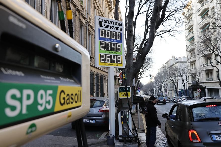 A car stops in a gas station where prices are up to 2,75 euros per liter (US dlrs. 3.04) in Marseille, southern France, Wednesday, March 9, 2022. Shocking pictures from the Ukrainian town of Bucha and accusations of Russian war crimes are building pressure for more sanctions against Moscow, Monday, April 4, 2020. A key potential target: Russian oil and natural gas, and the $850 million that European importers pay for those supplies every day. But it&#39;s not so easy, given Europe&#39;s dependence on Russian energy. (AP Photo/Jean-Francois Badias, File)