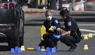 Sacramento Police crime scene investigators place evidence markers on 10th street at the scene of a mass shooting in Sacramento, Calif., on Sunday, April 3, 2022. (Jose Carlos Fajardo/Bay Area News Group via AP) **FILE**