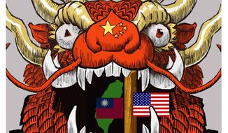 Illustration on the U.S. role in preserving Taiwan against China by Alexander Hunter/The Washington Times