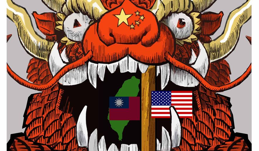 Illustration on the U.S. role in preserving Taiwan against China by Alexander Hunter/The Washington Times