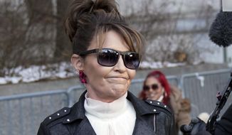 Former Alaska Gov. Sarah Palin is seen in New York CIty on Monday, Feb. 14, 2022. (AP Photo/Seth Wenig, File)