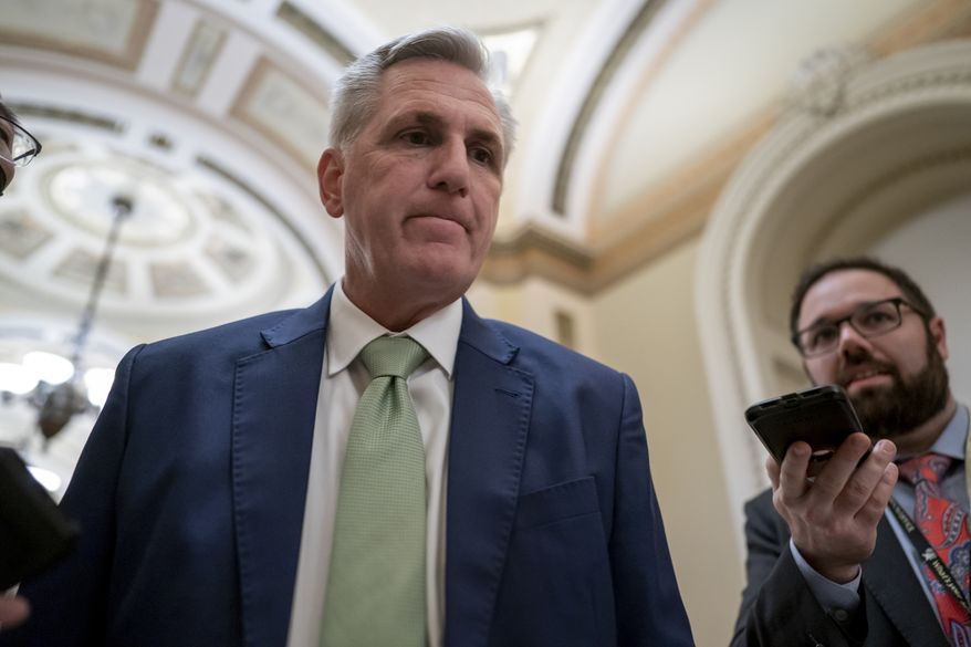House Minority Leader Kevin McCarthy, R-Calif., talks to reporters at the Capitol in Washington, Wednesday, April 6, 2022. (AP Photo/J. Scott Applewhite)