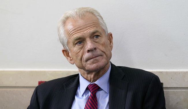 White House trade adviser Peter Navarro listens as President Donald Trump speaks during a news conference at the White House, on Aug. 14, 2020, in Washington. (AP Photo/Patrick Semansky, File)