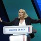 French far-right leader Marine Le Pen delivers a speech during a campaign rally, Feb. 5, 2022 in Reims, eastern France. Marine Le Pen, 53, is considered Macron&#39;s main challenger. Le Pen&#39;s plans include the end of family reunification, restricting social benefits to the French only, deporting foreigners who stay unemployed for over a year and other migrants who entered illegally in the country. (AP Photo/Michel Euler, File)