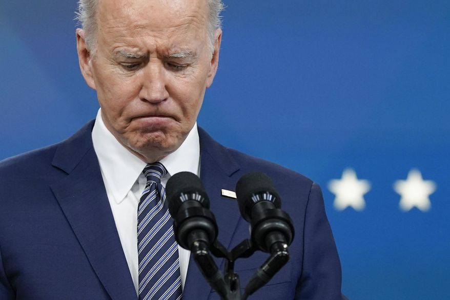 President Joe Biden pauses as he speaks with members of the press after speaking about his administration&#39;s plans to combat rising gas prices in the South Court Auditorium on the White House campus, Thursday, March 31, 2022, in Washington. (AP Photo/Patrick Semansky)