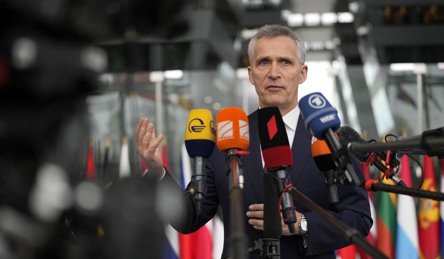 NATO Secretary-General Jens Stoltenberg speaks as he arrives for a meeting of NATO foreign ministers at NATO headquarters in Brussels, Wednesday, April 6, 2022. (AP Photo/Virginia Mayo) ** FILE **