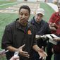 Cleveland Browns defensive coordinator Ray Horton talks to reporters after practice at the NFL football team&#39;s facility in Berea, Ohio Thursday, Dec. 19, 2013. Two coaches joined Brian Flores on Thursday, April 7, 2022, in his lawsuit alleging racist hiring practices by the NFL toward coaches and general managers. The updated lawsuit in Manhattan federal court added coaches Steve Wilks and Ray Horton. (AP Photo/Mark Duncan) **FILE**
